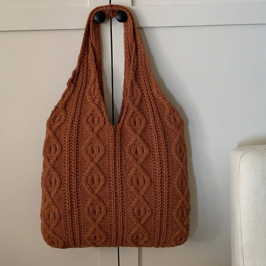 Crochet Tote Bag Hand-Woven Wool Bag: Brown