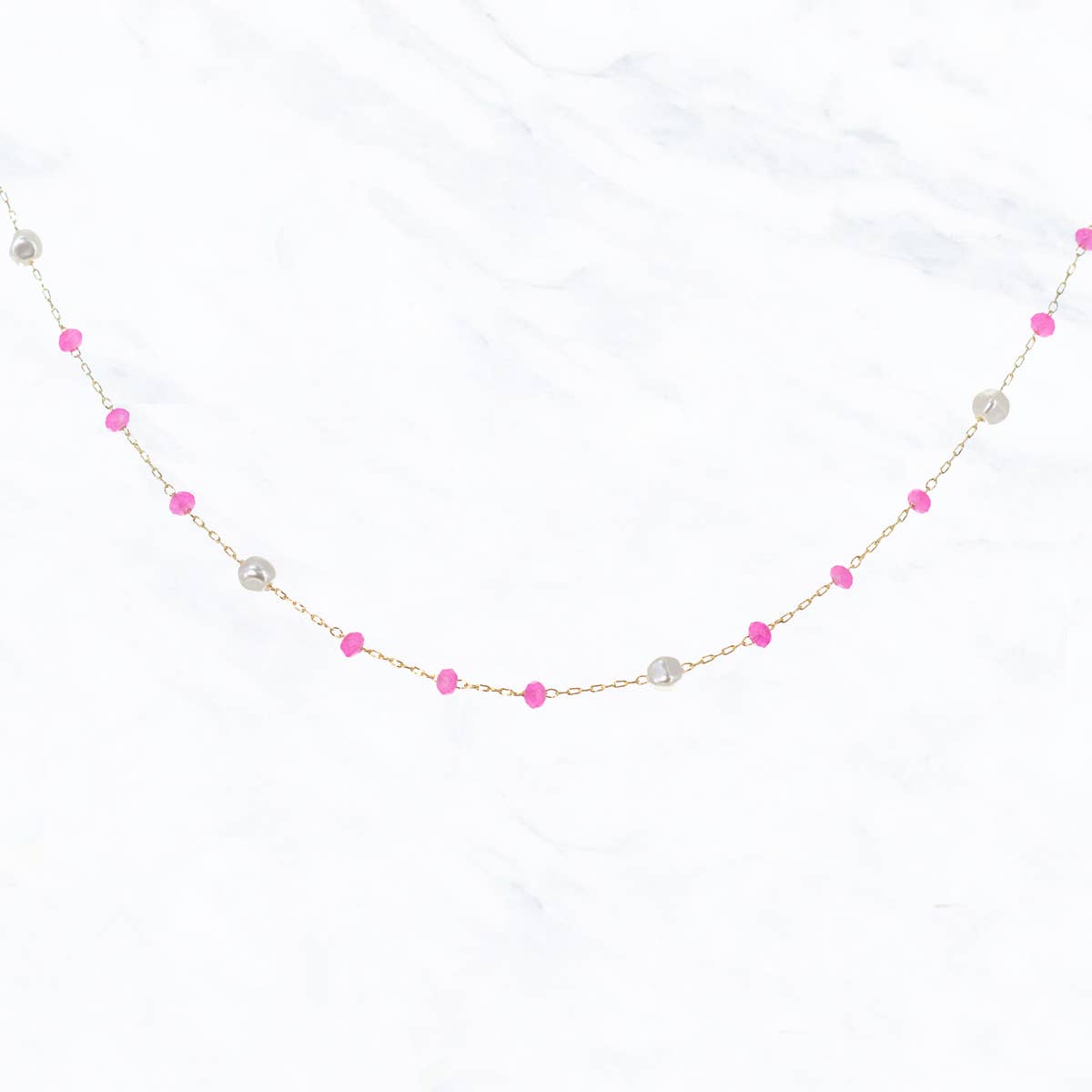 Two Toned Tiny Glass Bead Pearl Chain Necklace: Hot Pink