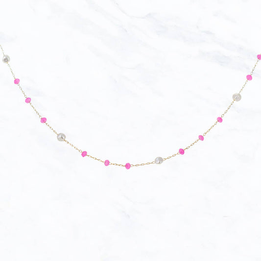 Two Toned Tiny Glass Bead Pearl Chain Necklace: Hot Pink