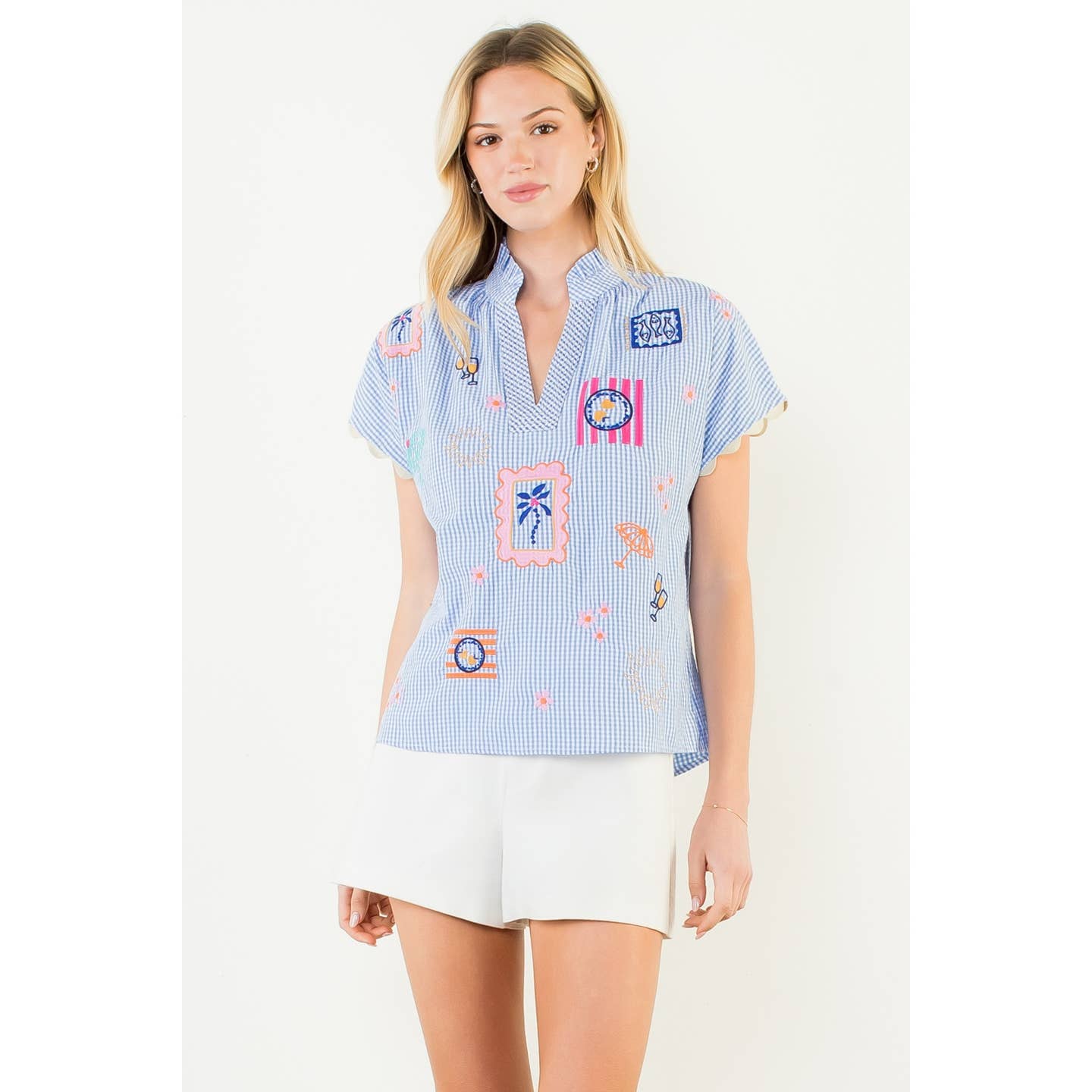 Short Sleeve Embroidery Detail Gingham Top in Blue