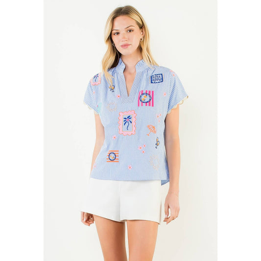 Short Sleeve Embroidery Detail Gingham Top in Blue