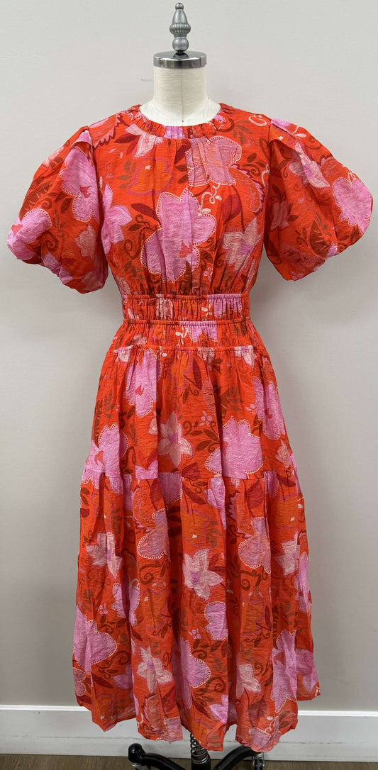 Puff Sleeve Floral Maxi Dress in Red