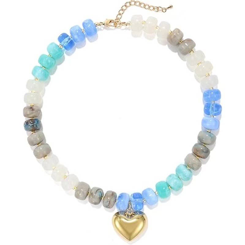 Colorful Resin Bead Necklace with Gold Heart-Shaped Pendant: Color_01 / M