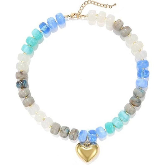 Colorful Resin Bead Necklace with Gold Heart-Shaped Pendant: Color_01 / M