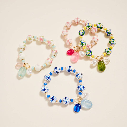 7.25 Inch Mixed Floral Ceramic Bead Pearl Bracelet: Blue / ONE