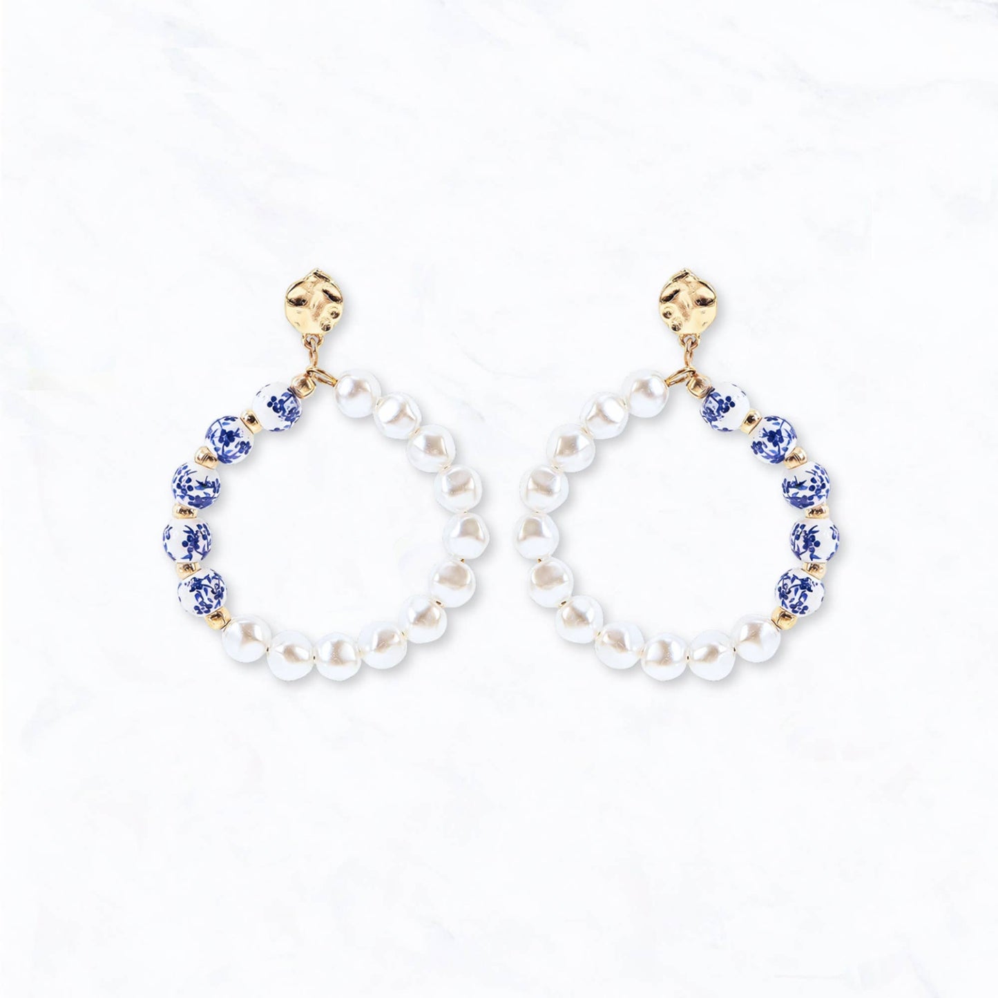 Gold Tone Porcelain & Pearl Beaded Hoop Earrings: Blue