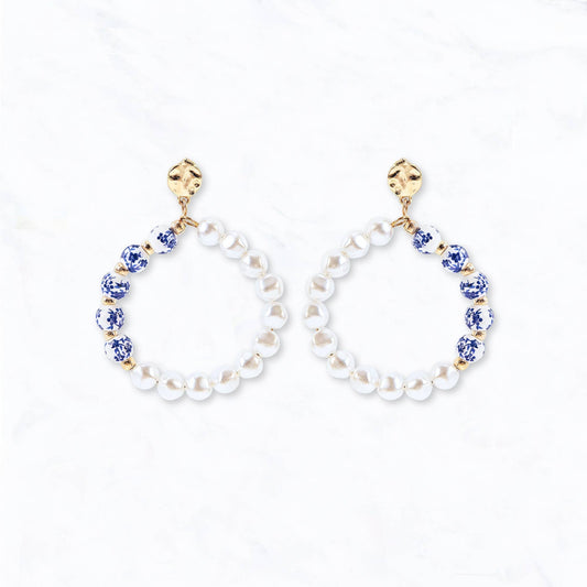 Gold Tone Porcelain & Pearl Beaded Hoop Earrings: Blue