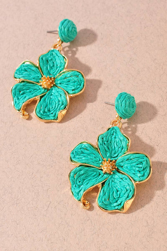 Woven Raffia Floral Statement Earrings: Turquoise