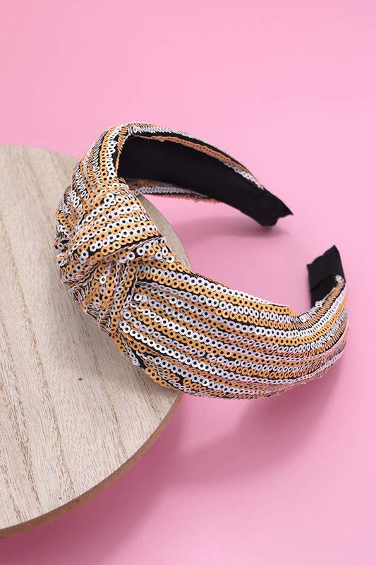 Sequin Stripe Embellished Knot Headband: Orange White