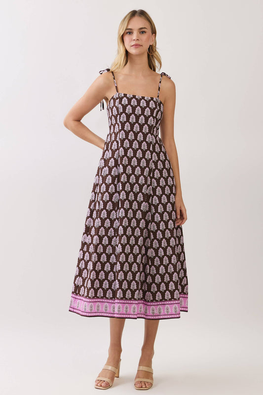Border Print Tie-Shoulder Midi Dress