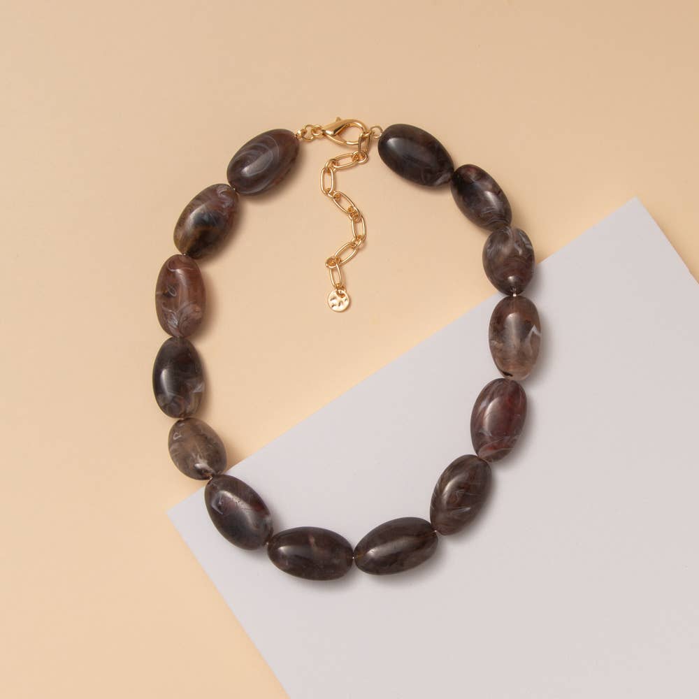 Marbled Oval Stone Bead Necklace: Dark Grey