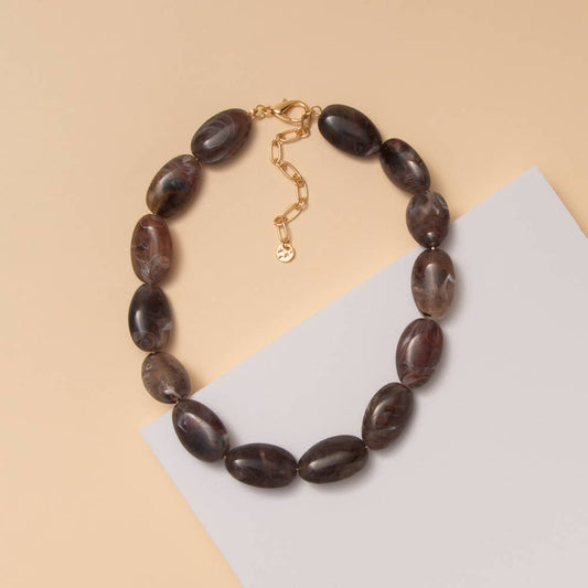 Marbled Oval Stone Bead Necklace: Dark Grey