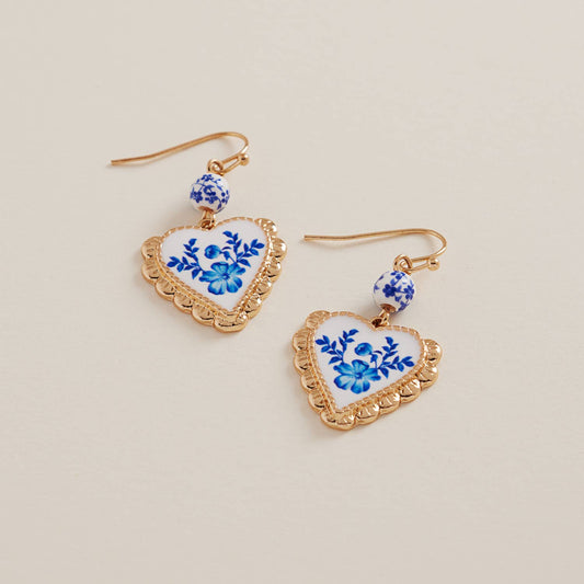 Heart Print Enamel Charm Ceramic Bead Earrings: Blue / ONE