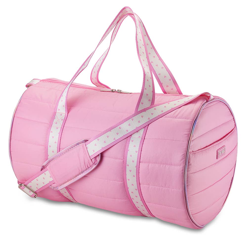 Pink Puffer Duffle Bag with Heart Stripe Strap