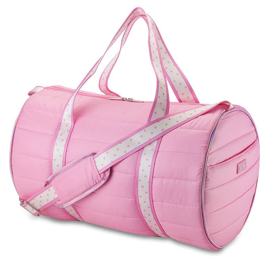 Pink Puffer Duffle Bag with Heart Stripe Strap