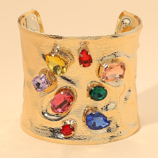 Wide Bold Multi Shape Gemstone Embellished Hammered Metal Cuff Bracelet