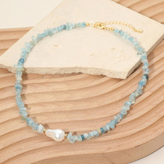 Organic Shaped Pearl Accent Semi Precious Pebble Stone Beaded Choker Necklace in Blue