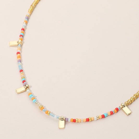 Rectangular Charm Beaded Choker Necklace in Gold & Multi