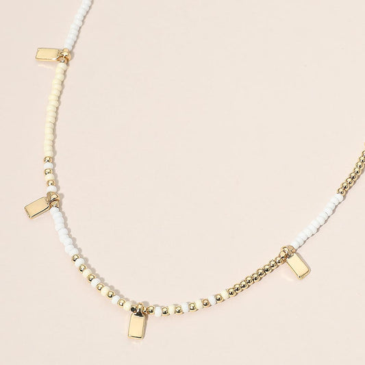 Rectangular Charm Beaded Choker Necklace in Gold & White