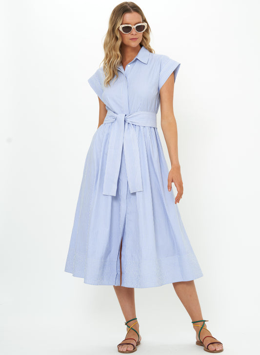 Belted Shirt Dress in Chatham Blue