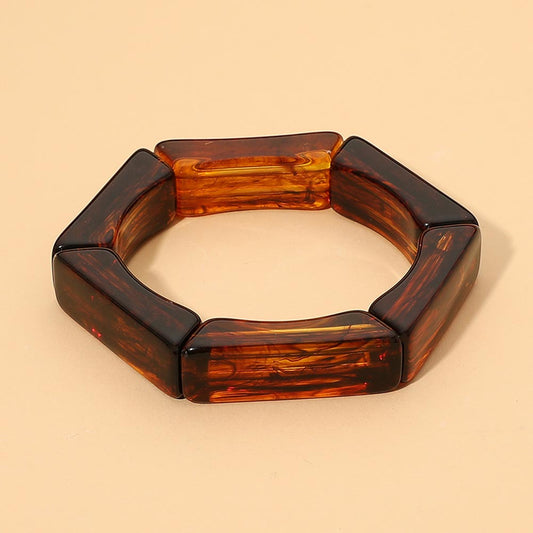 Chunky Geometric Rectangular Resin Beaded Stretch Bracelet in Brown