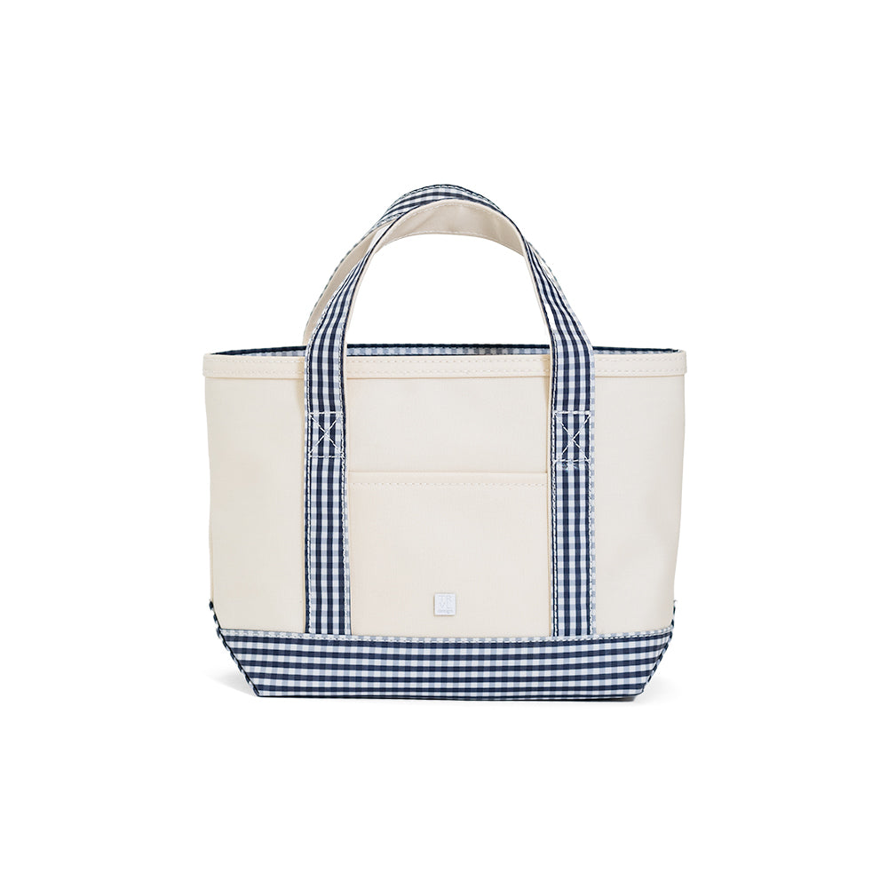 MINI TOTE - COATED CANVAS NATURAL With GINGHAM NAVY TRIM