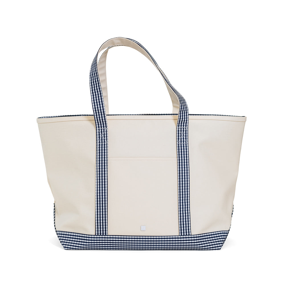 MAXI TOTE - COATED CANVAS Large NATURAL With GINGHAM NAVY TRIM