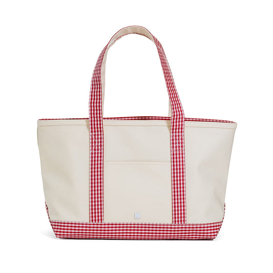 MEDIUM TOTE - COATED CANVAS NATURAL with GINGHAM RED TRIM