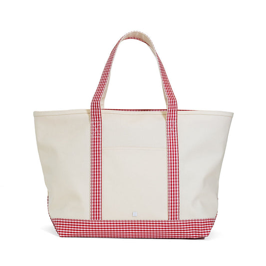 MAXI TOTE - COATED CANVAS Large NATURAL With GINGHAM RED TRIM