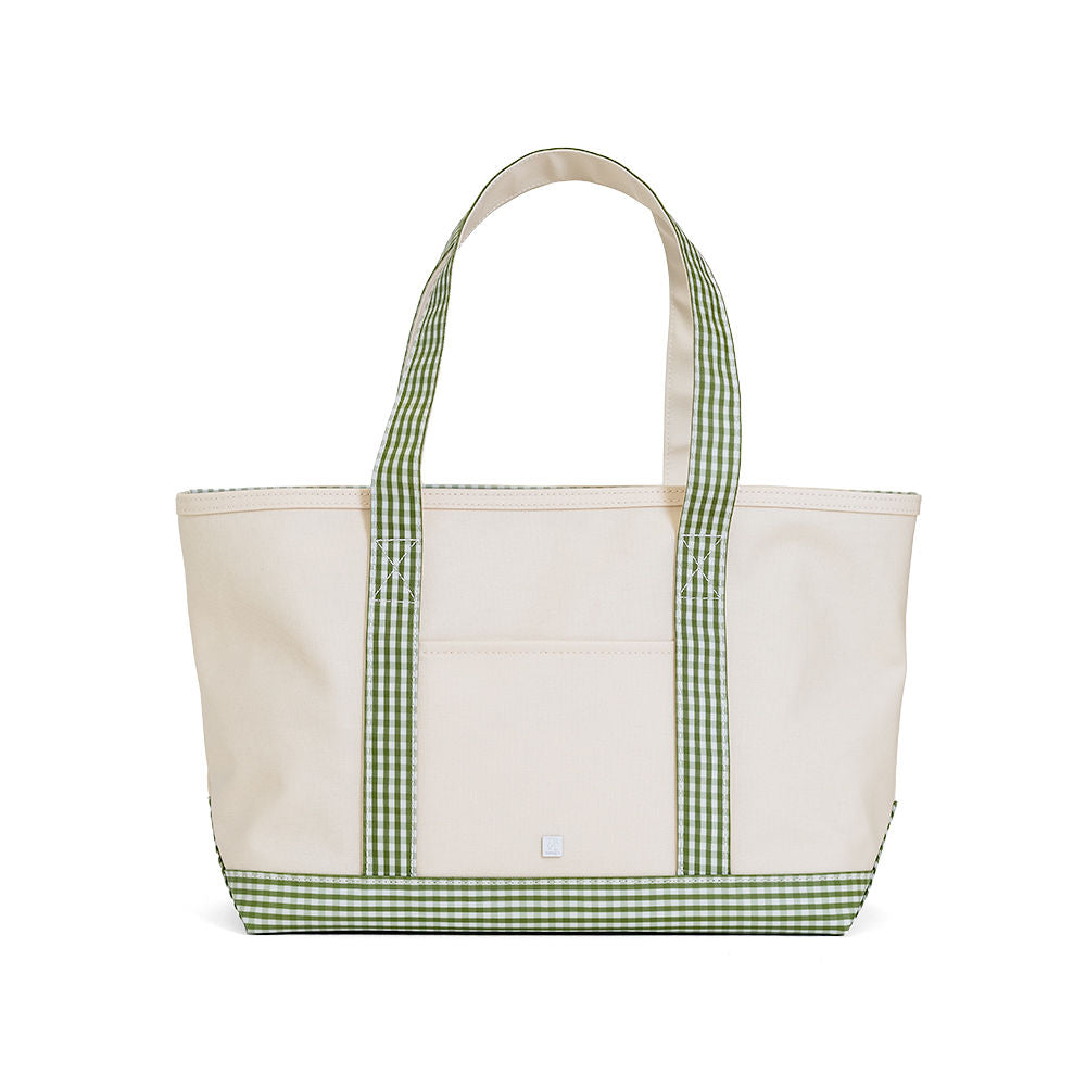 MEDIUM TOTE - COATED CANVAS NATURAL with GINGHAM MOSS TRIM