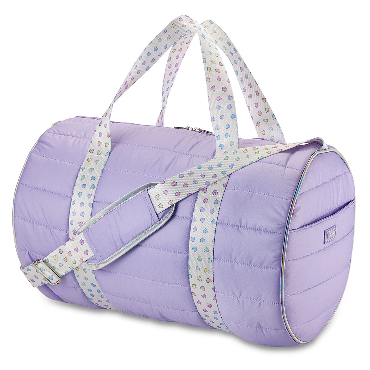Purple Puffer Duffle with Rainbow Hearts Strap