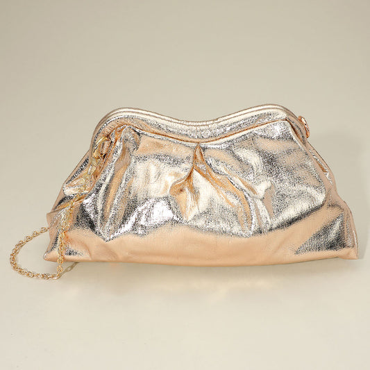 Metallic Pleated Frame Clutch Evening Bag / Crossbody Bag