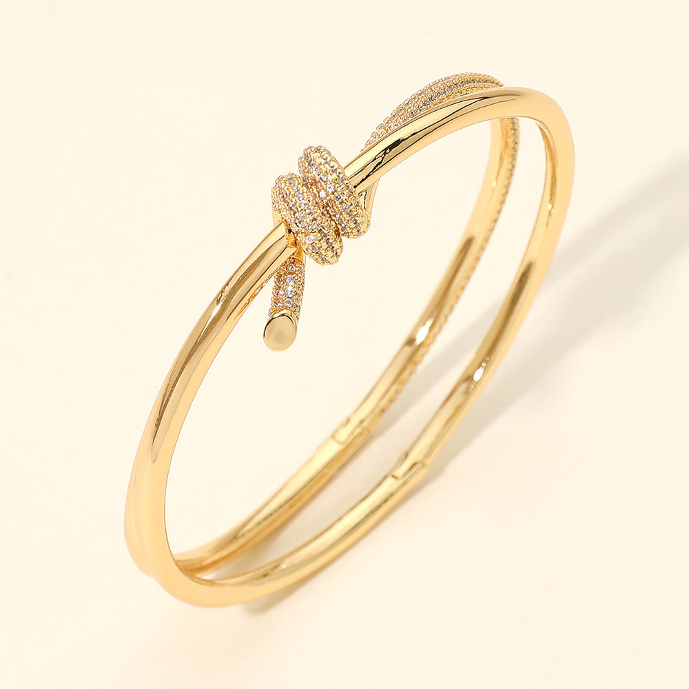 CZ Pave Knot Accent Hinged Bangle Bracelet in Gold