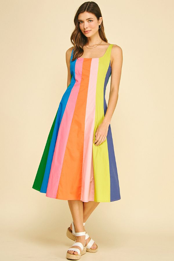 Rainbow Colorblock A-Line MIDI Dress in Multi Stripe