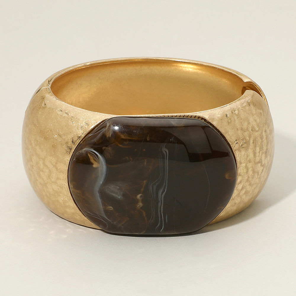 Oversized Stone Accent Chunky Hammered Metal Hinged Bangle Bracelet in Brown
