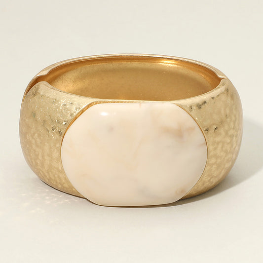 Oversized Stone Accent Chunky Hammered Metal Hinged Bangle Bracelet in Ivory