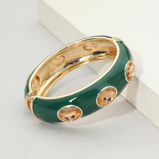 Faceted Oval Stone Accent Hinged Bangle Bracelet in Green
