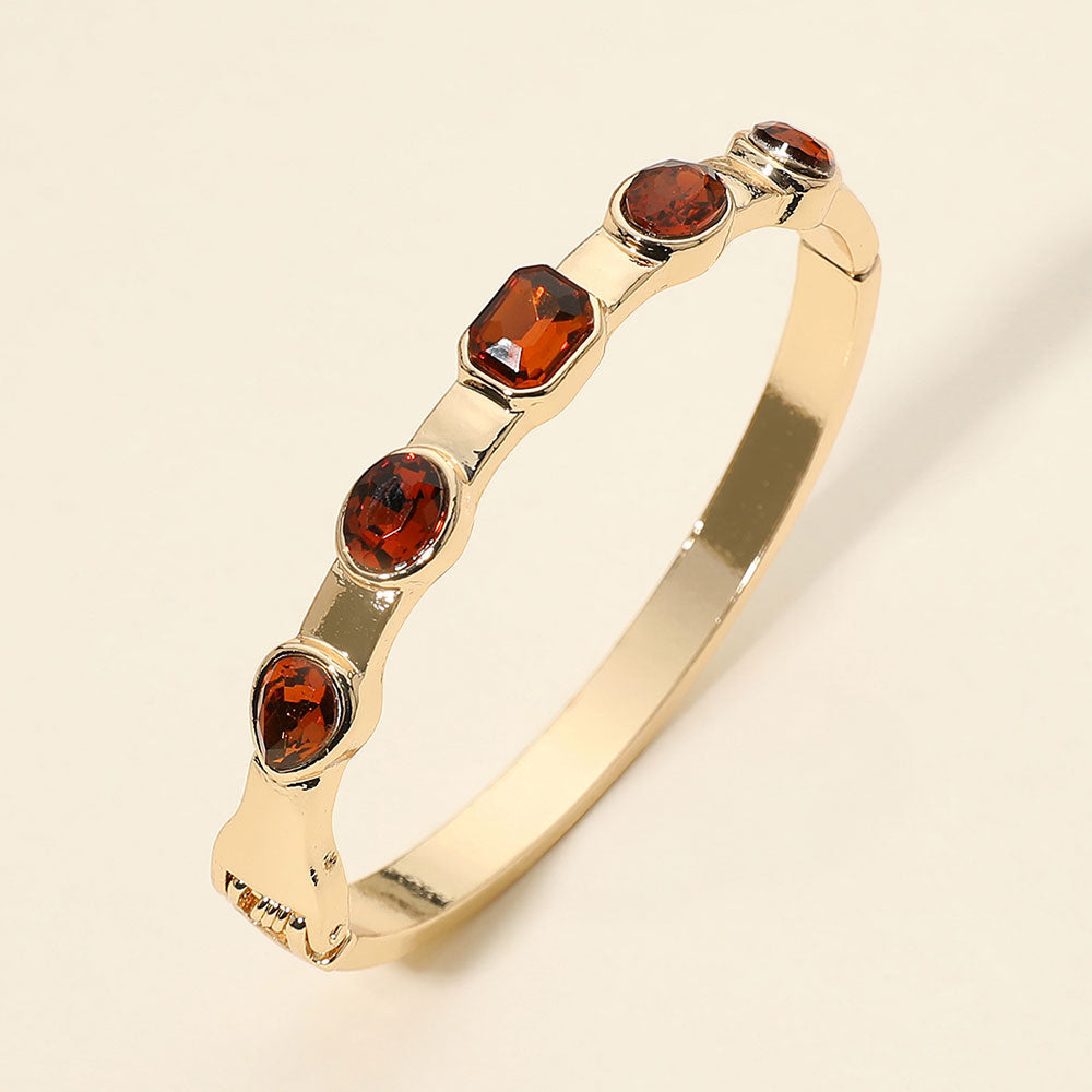 Multi Shaped Gem Accent Hinged Bangle Bracelet in Brown