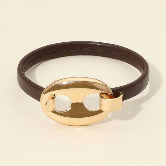 Sculptural Oval Mariner Link Accent Faux Leather Bangle Bracelet in Brown & Gold