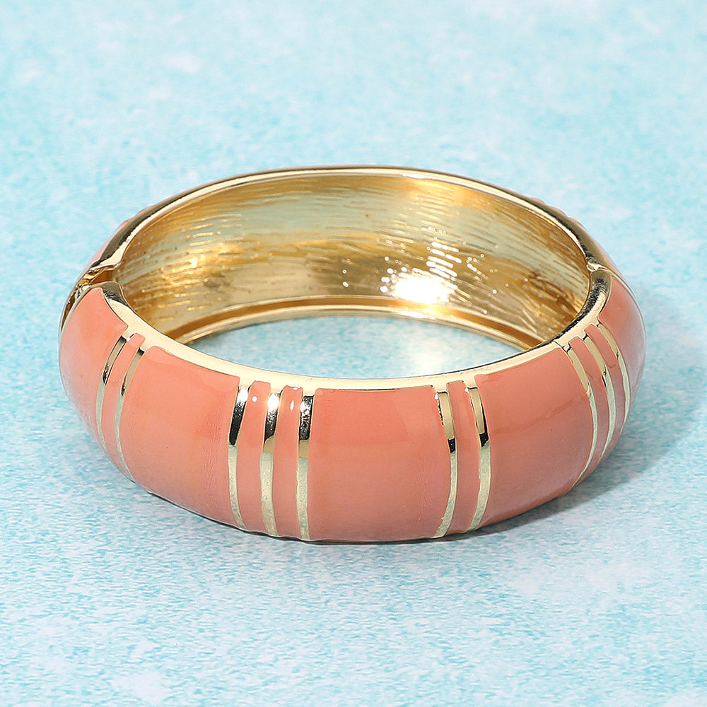 Enamel Striped Dome Hinged Bangle Bracelet in Brown & Gold