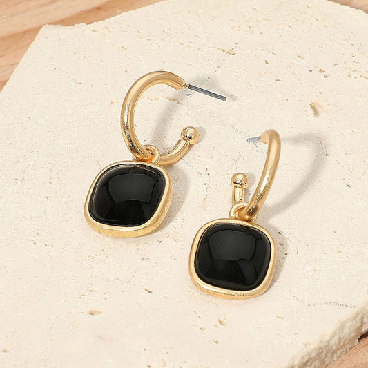 Square Stone Drop Hoop Earrings in Black & Worn Gold