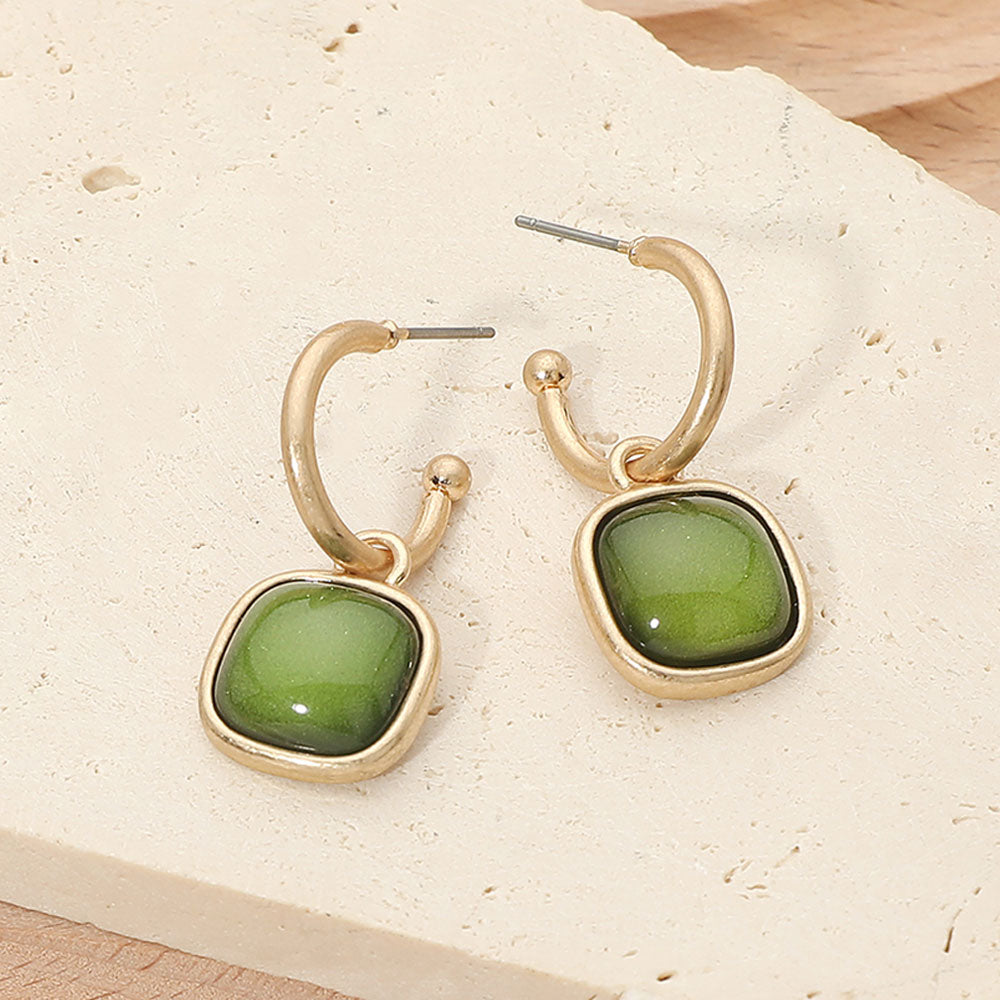 Square Stone Drop Hoop Earrings in Green & Worn Gold