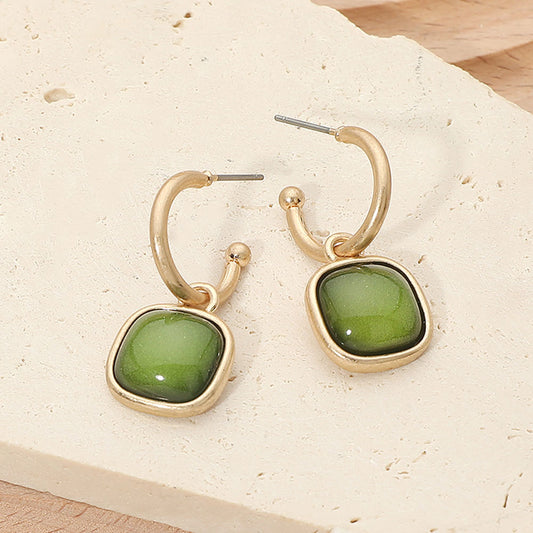 Square Stone Drop Hoop Earrings in Green & Worn Gold