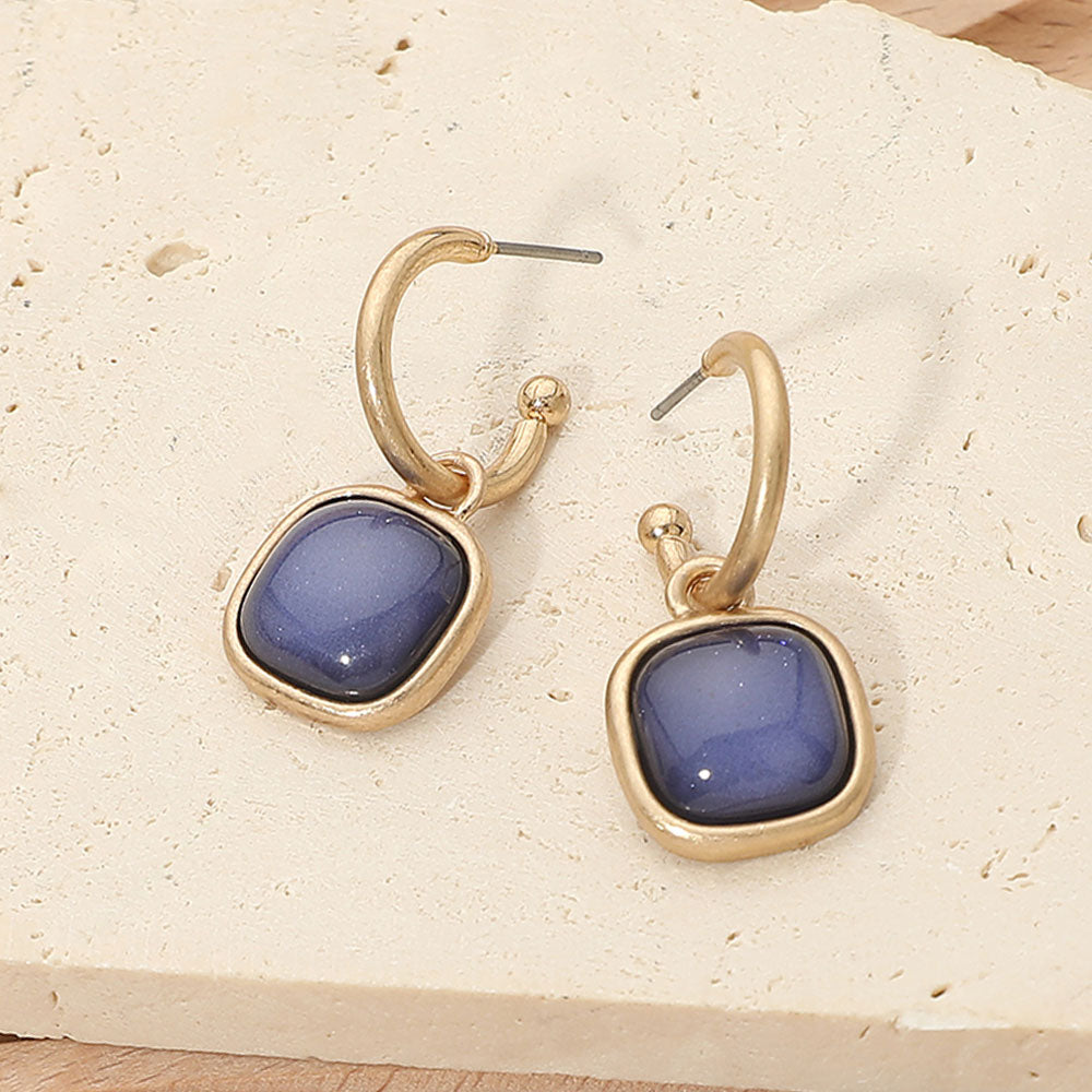 Square Stone Drop Hoop Earrings in Montana Blue & Worn Gold