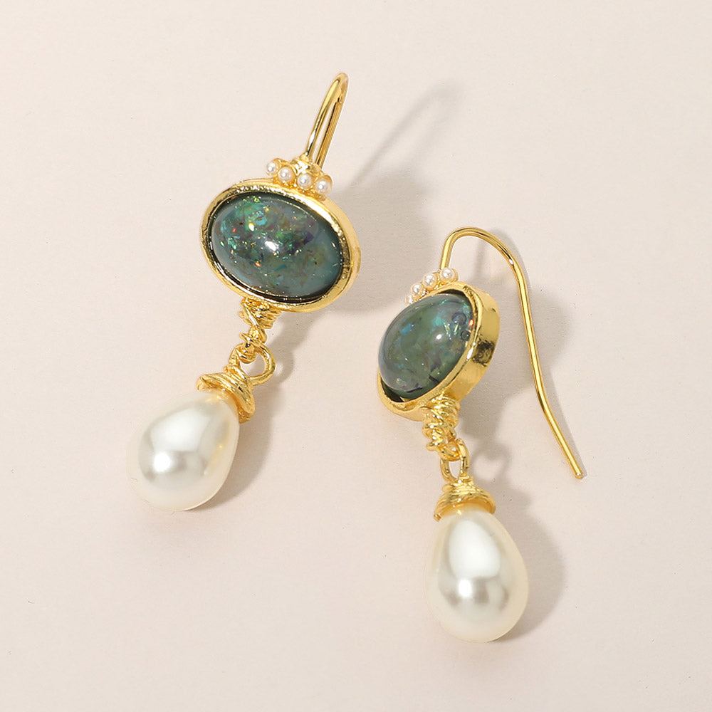 Oval Gem Teardrop Pearl Drop Link Earrings
