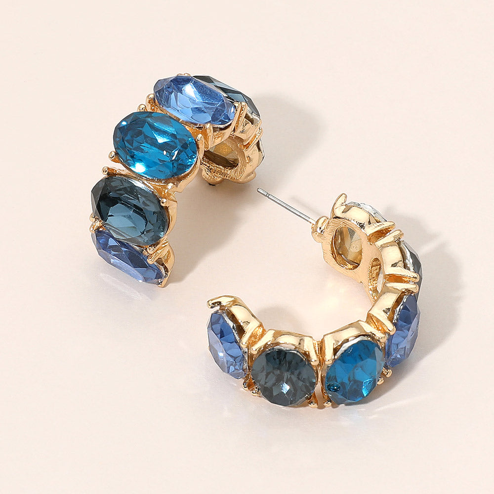 Faceted Oval Gemstone Chunky Hoop Earrings in Blue & Gold