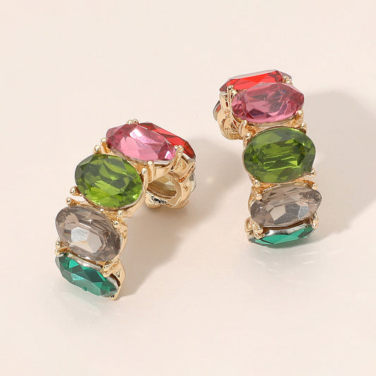 Faceted Oval Gemstone Chunky Hoop Earrings in Gold & Multi