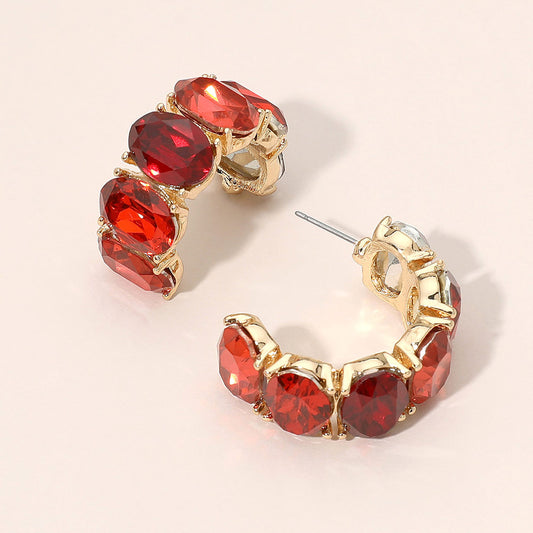 Faceted Oval Gemstone Chunky Hoop Earrings in Gold & Red