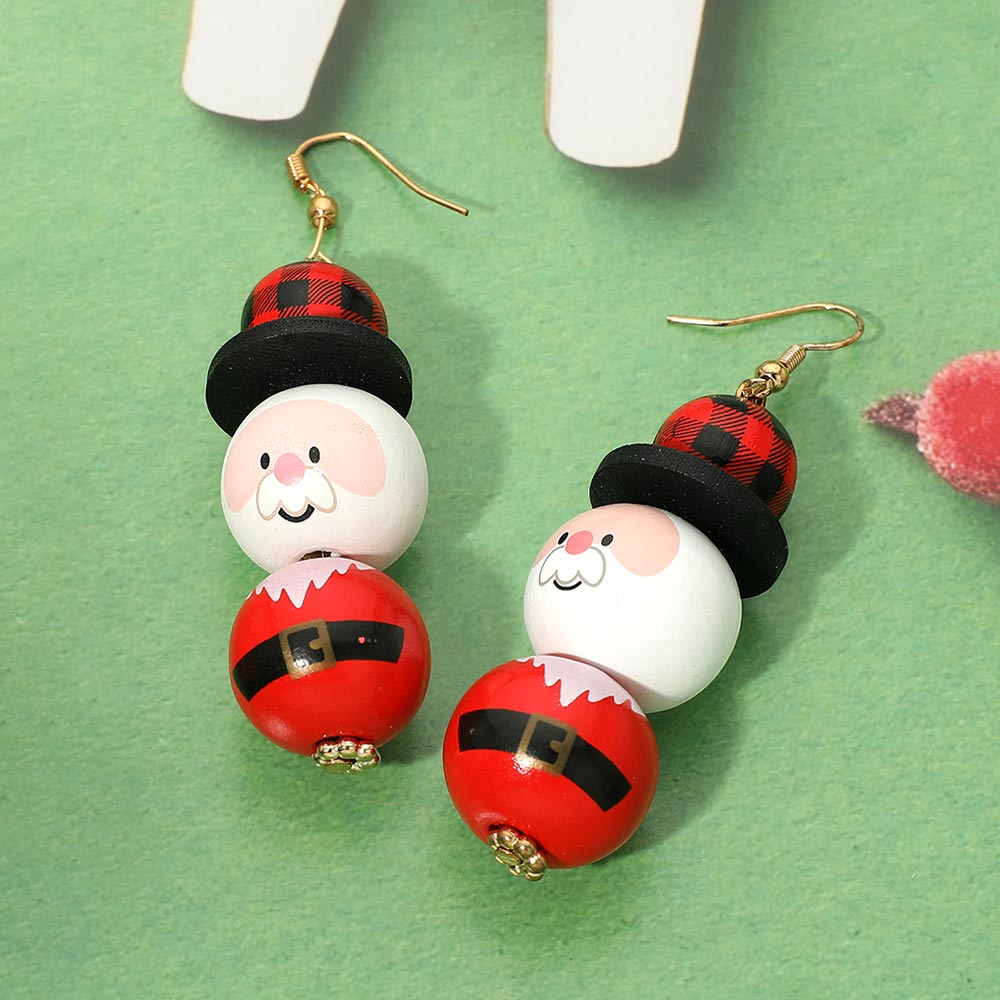 Wooden Ball Santa Claus Drop Dangle Earrings