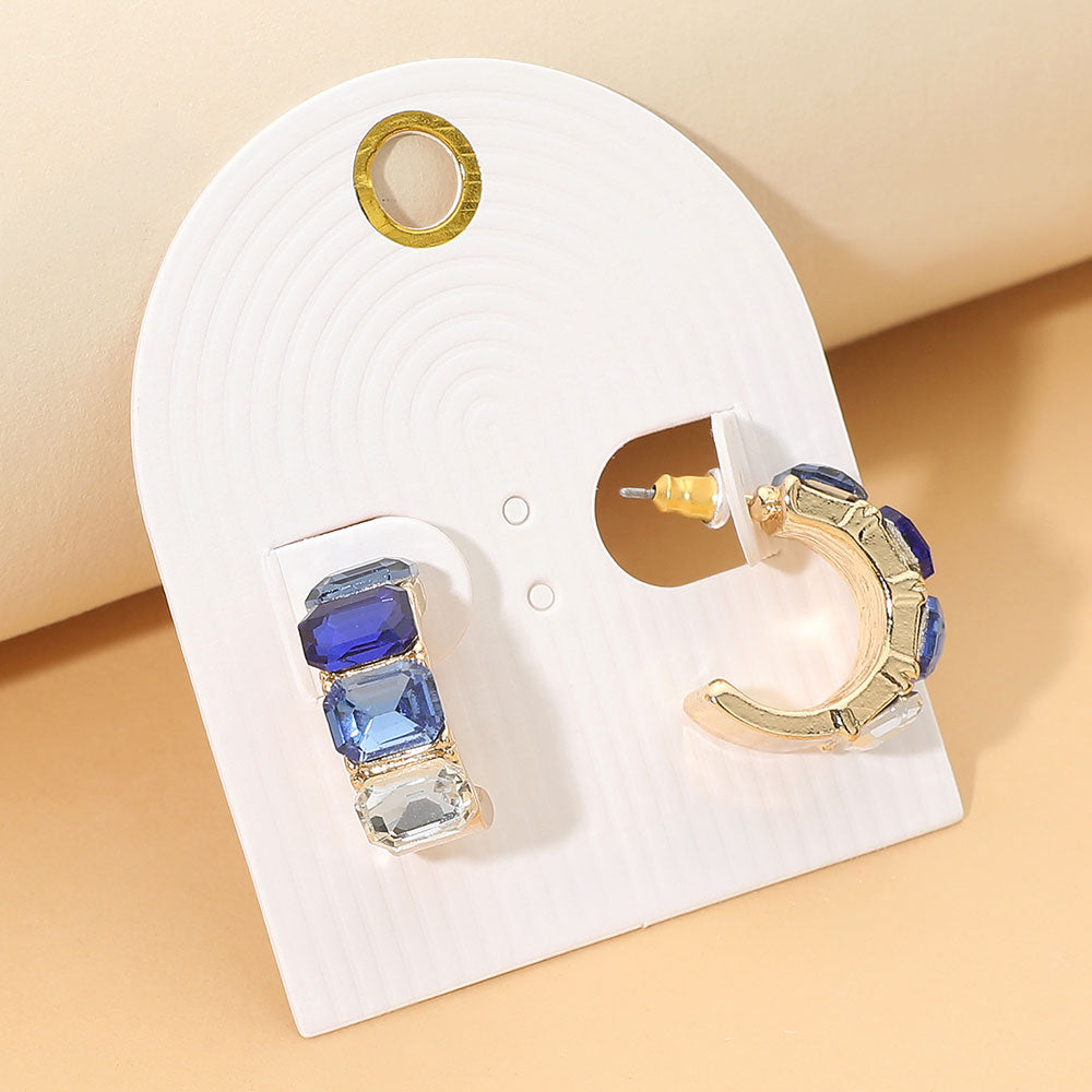 Rectangular Faceted Stone Hoop Earrings in Blue & Multi